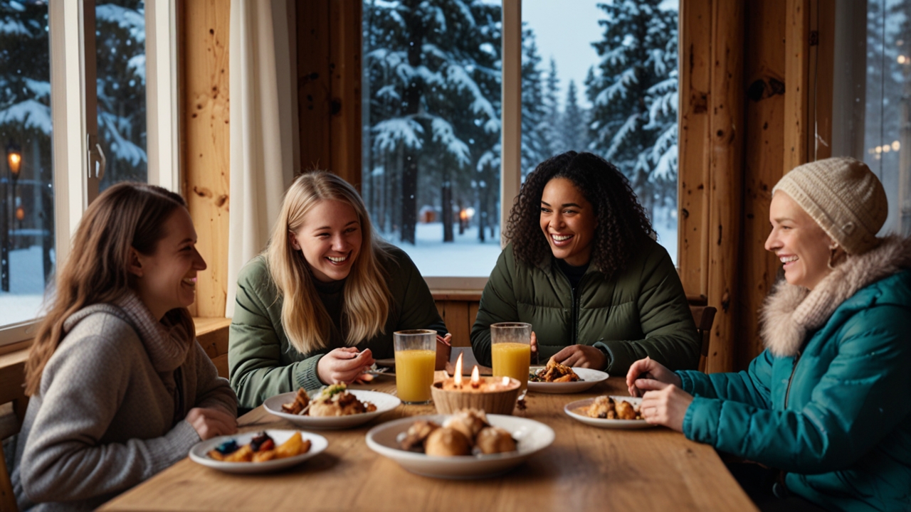 Friends gathered around a wooden table in Finland, enjoying food, gifts, and laughter on Friend Day with snowy streets outside the window.