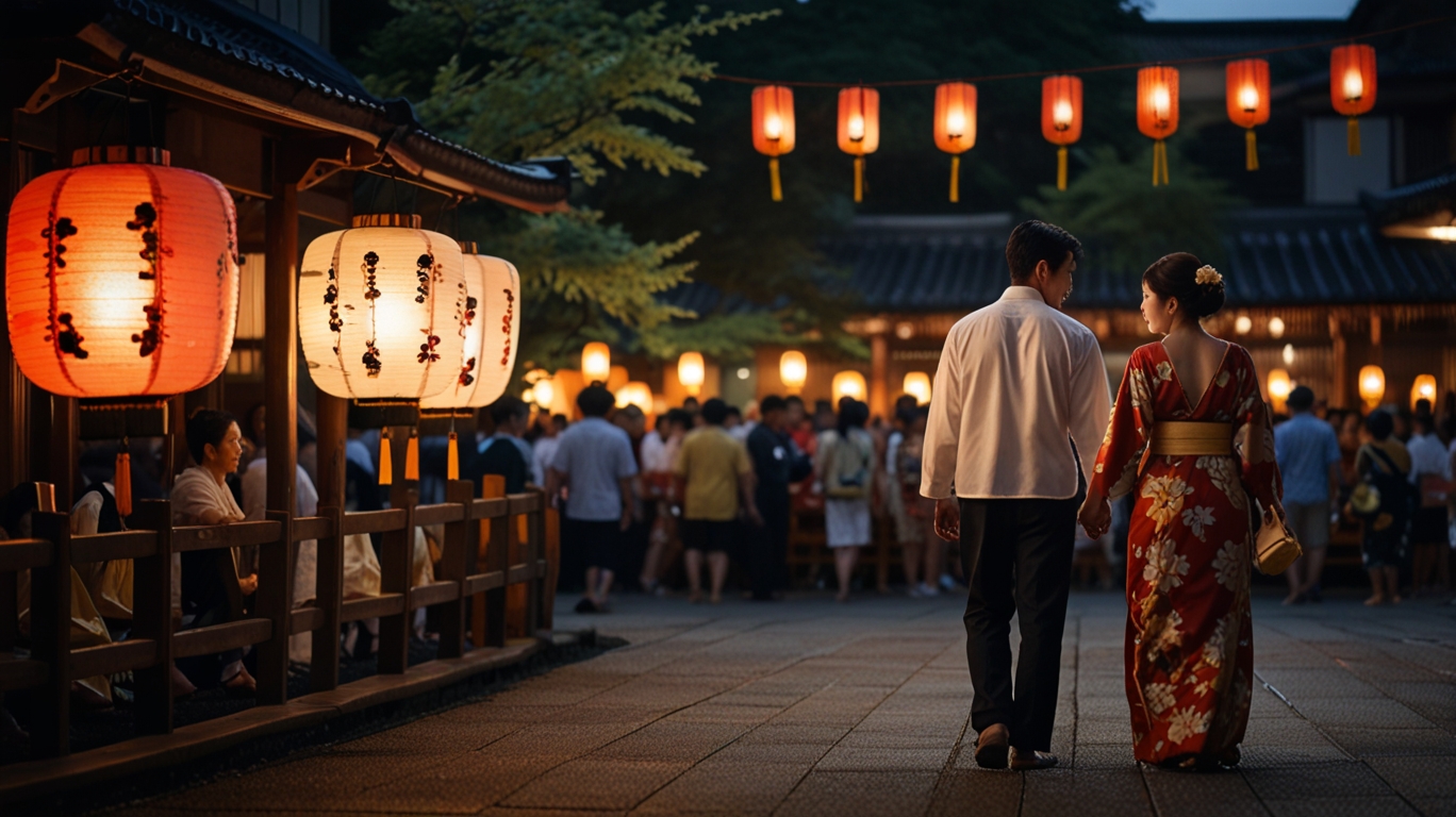 Couple holding hands watching glowing festival floats at Gion Matsuri in the evening.
