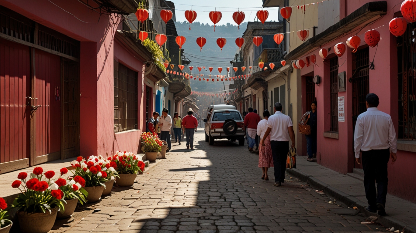 A festive Guatemalan street scene during Valentine’s Day, with vendors selling balloons and flowers, children exchanging cards, families embracing, and red-and-white decorations highlighting the cultural warmth.