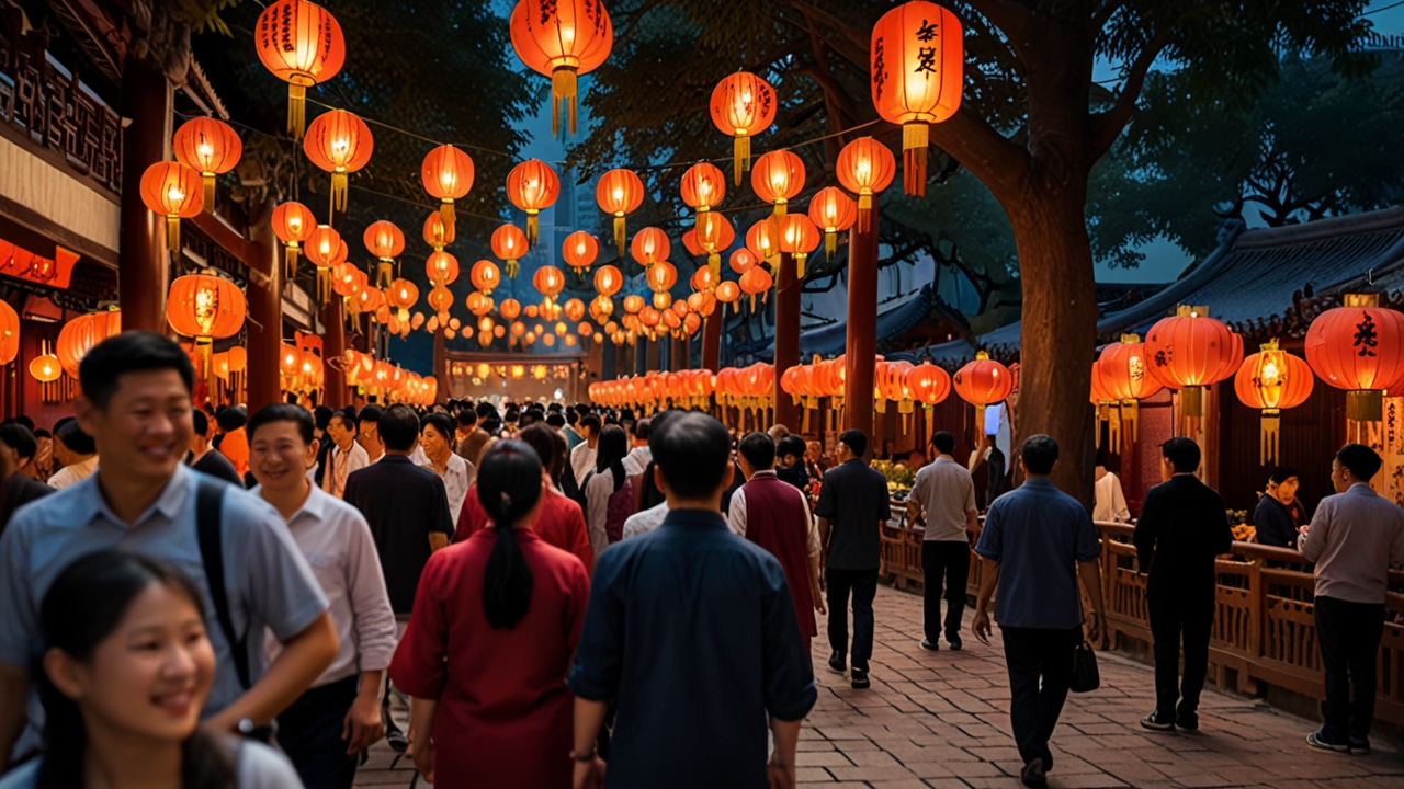 People in traditional Chinese attire solving lantern riddles on a festive street glowing with golden lanterns.
