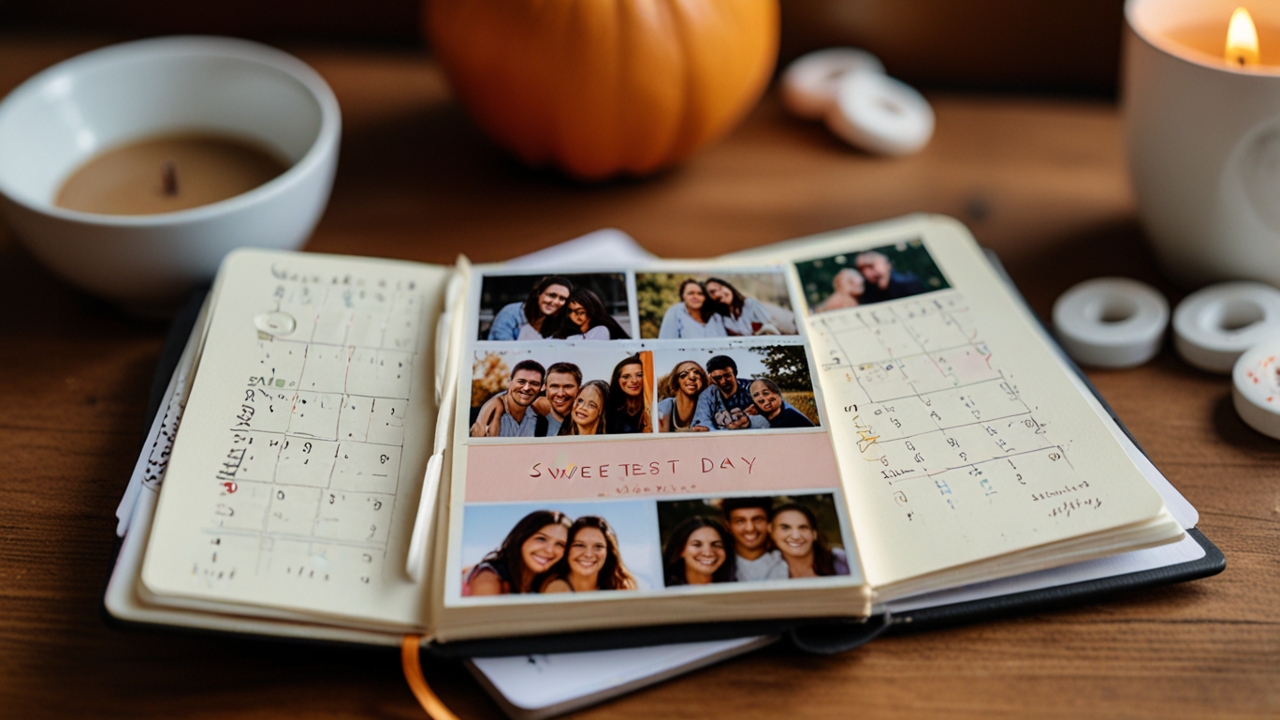 A journal or calendar open to October with "Sweetest Day" circled, surrounded by Polaroid pictures of smiling couples, families, and friends sharing sweets and hugs.