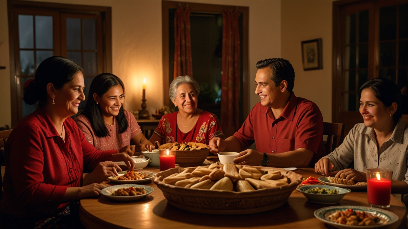 A large Guatemalan family gathering around a festive dining table with pepián, rellenitos, tamales, heart-shaped cakes, and artisanal chocolates, with warm candlelight and red decorations enhancing the celebration.
