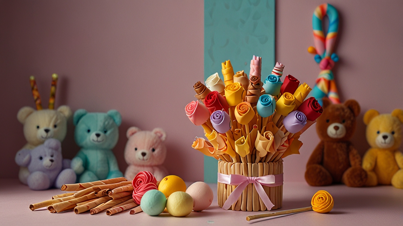 Colorful Pepero bouquet styled like roses with ribbons and plush toys against a pastel background.