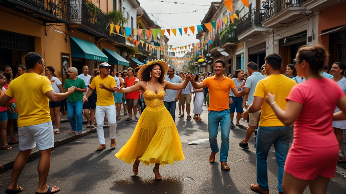 Couples dancing samba at a colorful Brazilian street festival with musicians and decorations for Dia dos Namorados.