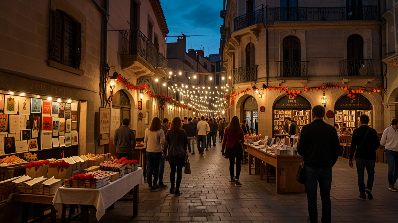 Catalan street on April 23 with roses, book stalls, medieval banners, and couples exchanging gifts at sunset.