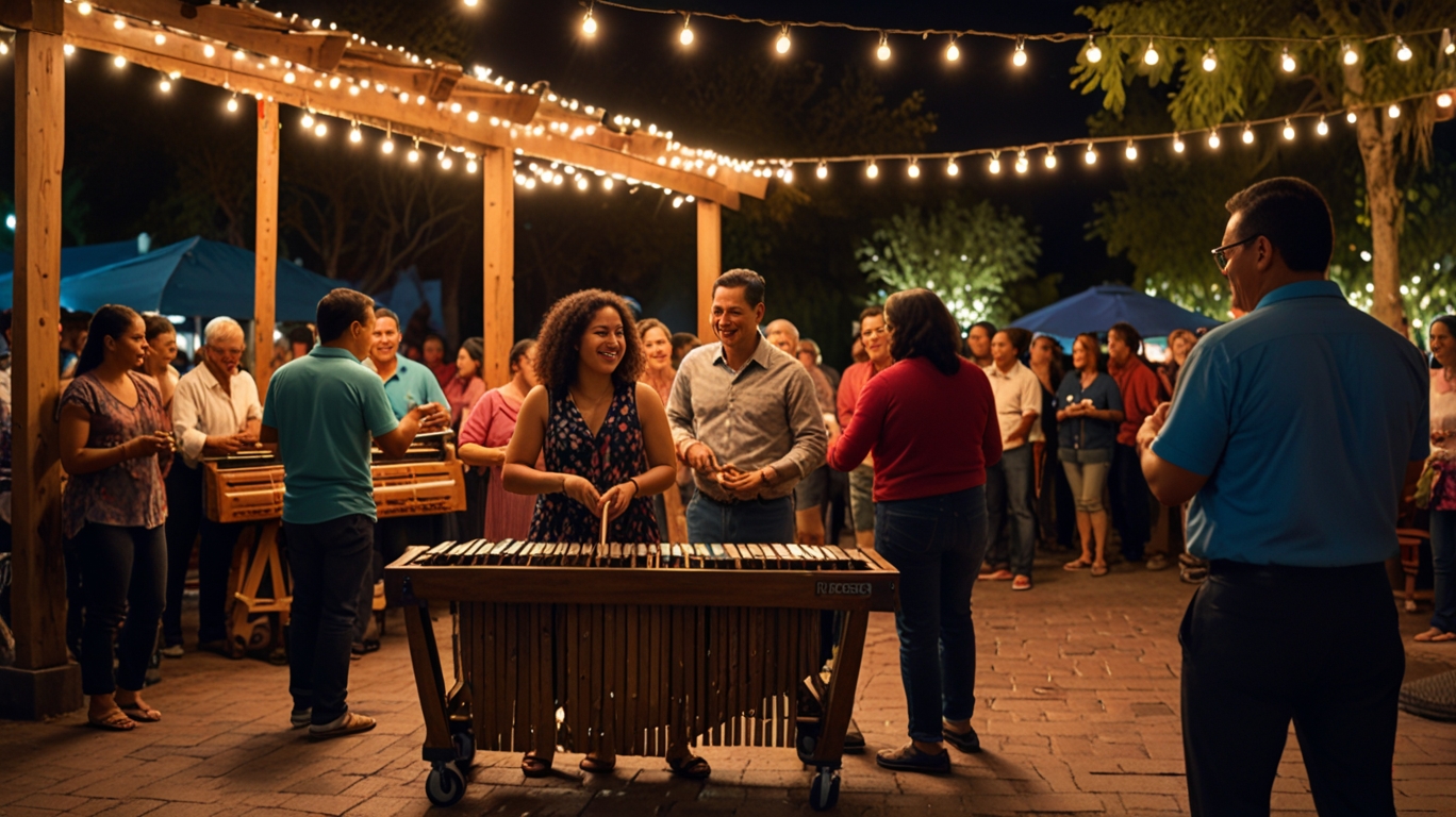 A lively Guatemalan plaza filled with marimba musicians playing for dancing couples, children clapping to the beat, and families enjoying the festive atmosphere under colorful lights and decorations.