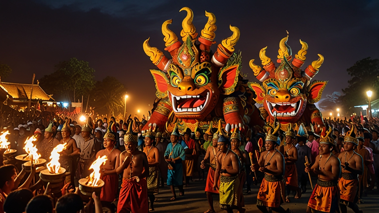 Ogoh-Ogoh parade with giant demon effigies, villagers in traditional clothing, gamelan musicians, and torchlights at sunset.