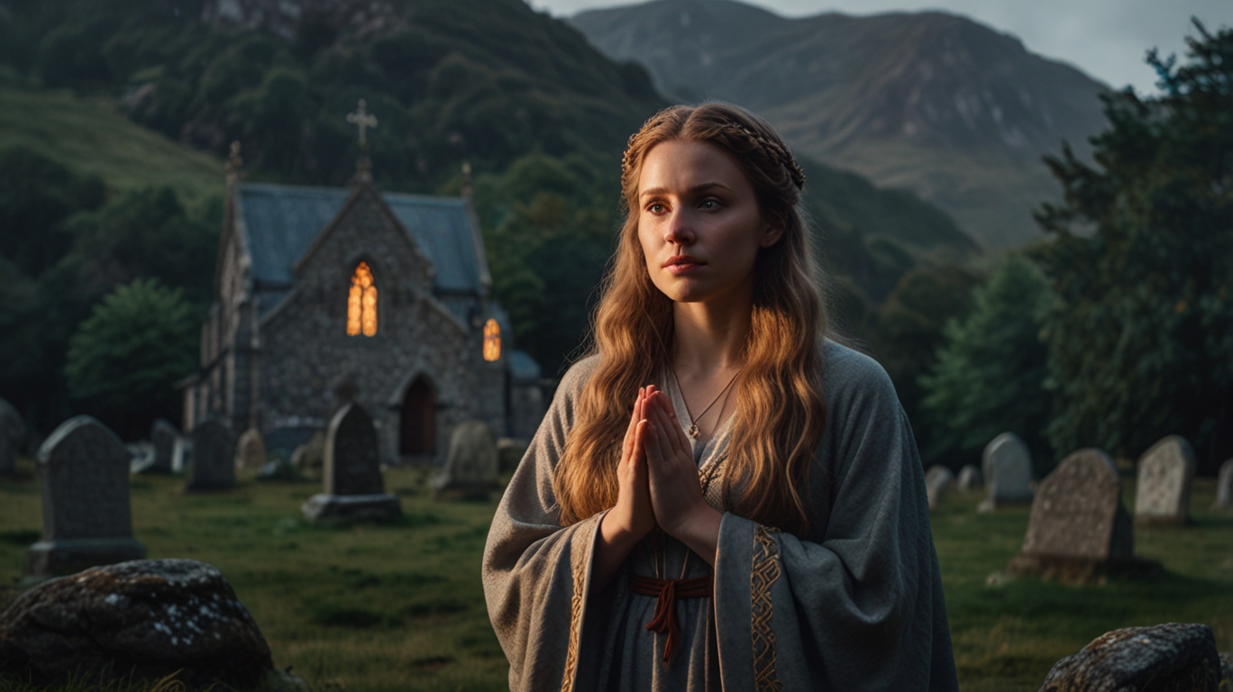 A medieval Welsh princess in flowing robes, standing near a stone church with misty forests and mountains in the background, her hands lifted in prayer as a glowing light falls over her.