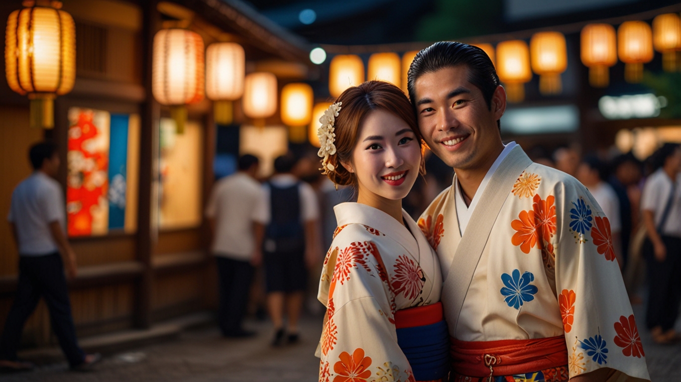 A modern Japanese couple taking a photo together in kimono during Gion Matsuri, with glowing festival floats in the background.