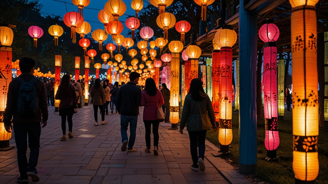 Colorful lantern displays at a modern Lantern Festival in China with couples taking photos, children playing, and a lively festive atmosphere.