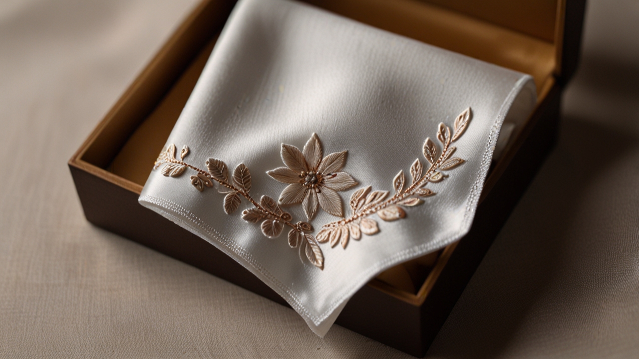A neatly folded silk handkerchief with embroidered details, placed inside a luxury box with soft lighting, evoking elegance and subtle meaning.