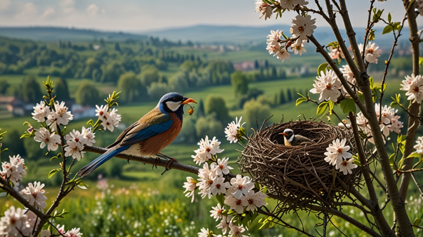 A pair of birds building a nest on a blossoming tree branch, surrounded by lush greenery, flowers, and a serene Romanian countryside landscape in early spring.