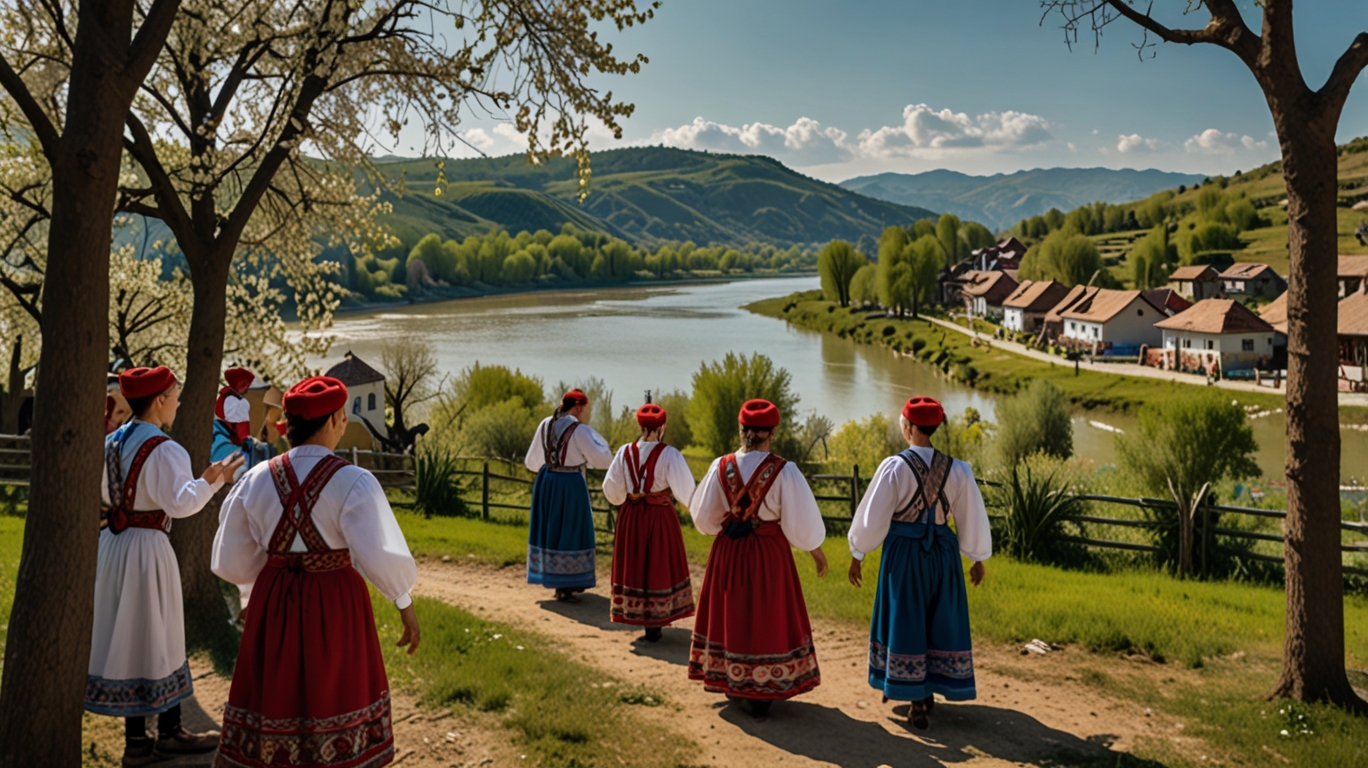 A panoramic view of a Romanian village celebrating Dragobete with traditional costumes, music, dancing, and natural scenery of blossoming trees and rivers under clear skies.