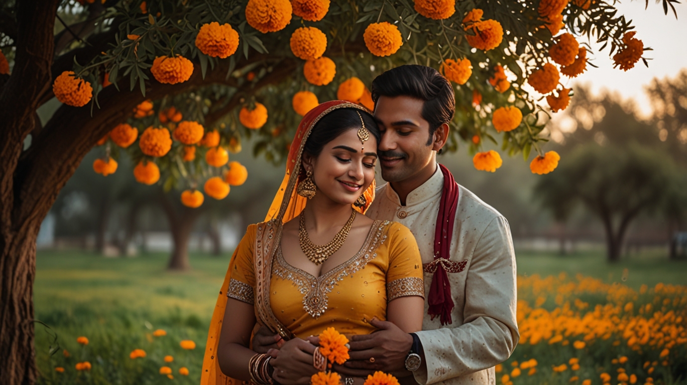 Romantic Indian couple in traditional clothing embracing under marigold-decorated tree at sunset.
