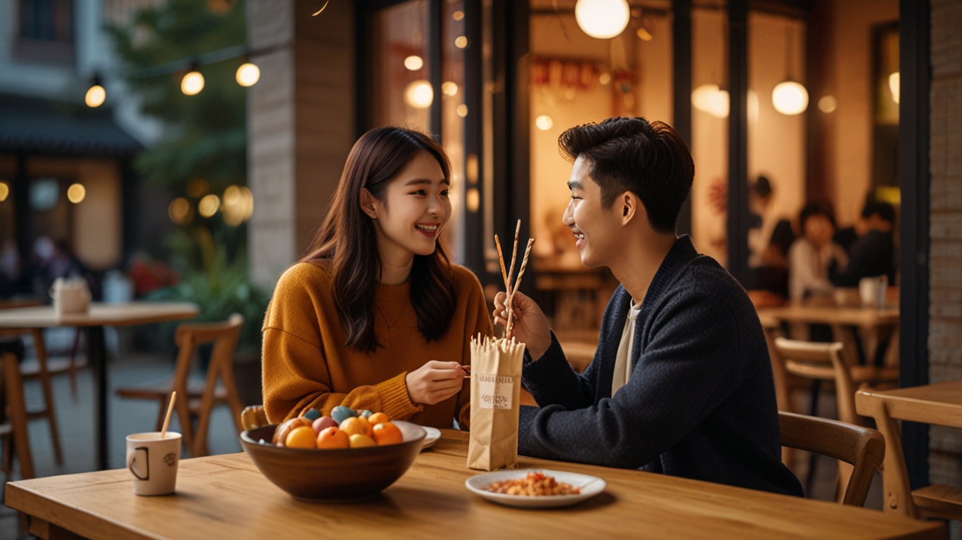 Romantic Korean couple exchanging Pepero sticks at a cozy café with colorful gift bags and decorated Pepero sticks on the table, warm autumn tones and soft bokeh lights.