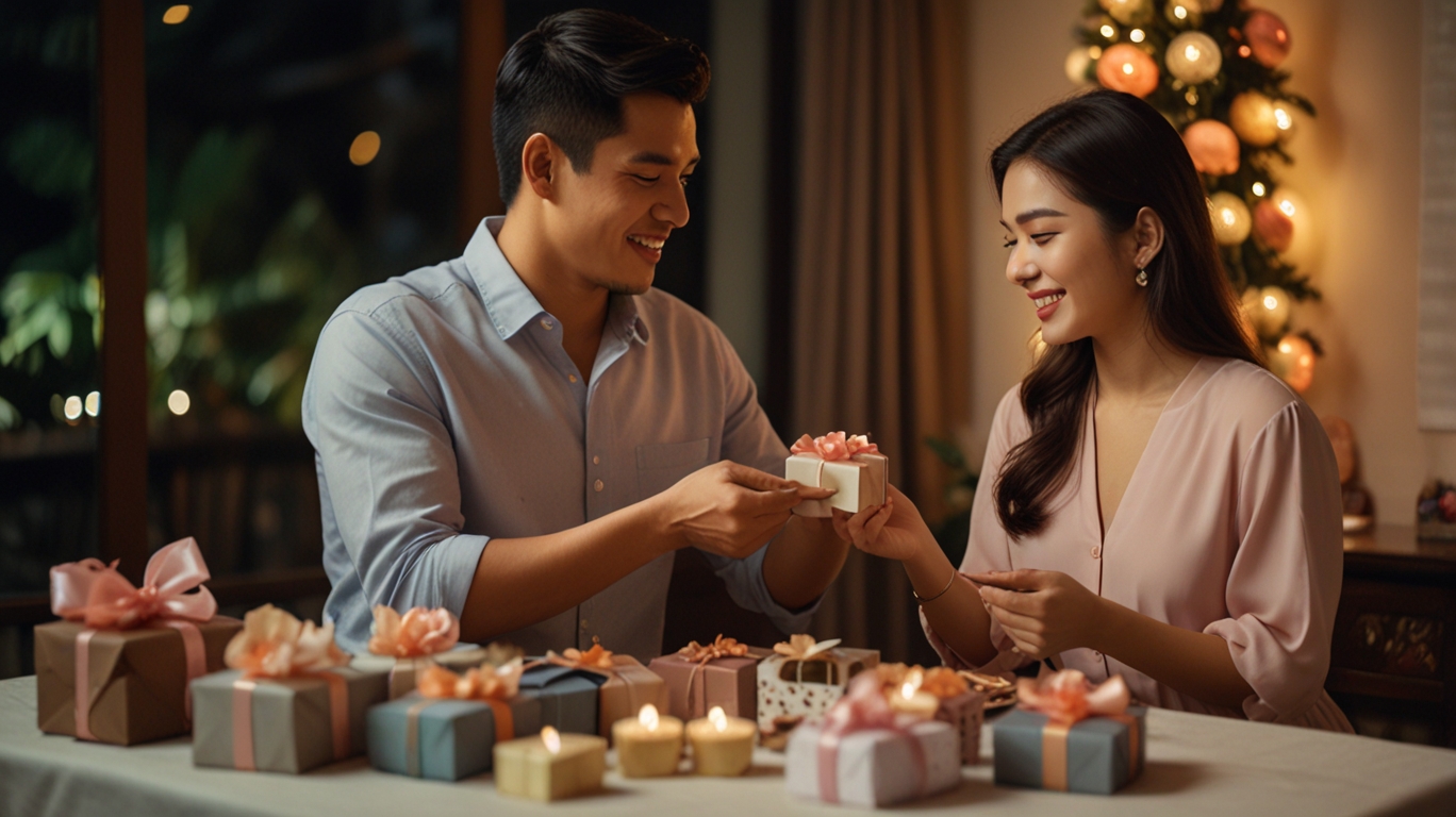 A couple exchanging gifts and smiling during Sweetest Week, surrounded by romantic decorations.