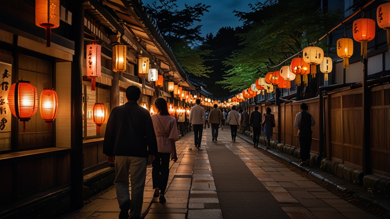 A romantic evening scene of couples walking down lantern-lit Kyoto streets during yoiyama, with festival stalls and glowing lanterns overhead.