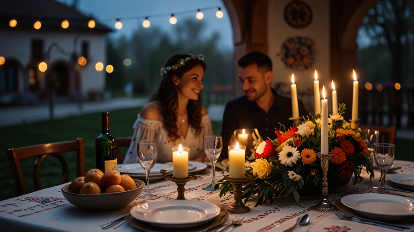 A romantic modern-day Dragobete celebration with a couple enjoying a candlelit dinner in Romania, with traditional motifs on the tablecloth, folk-inspired decorations, and subtle spring elements like flowers and bird ornaments.