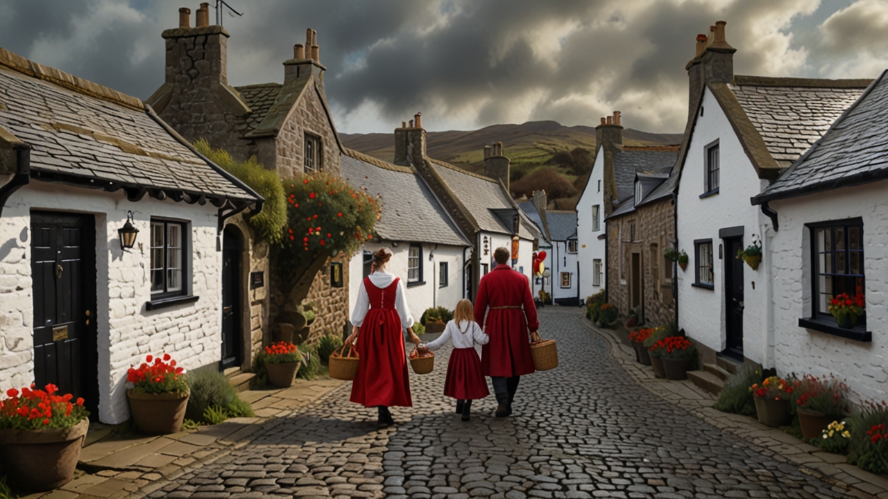 Medieval Welsh village with couples celebrating St. Dwynwen’s Day, walking on cobblestone streets holding red and white flowers under a winter sky.
