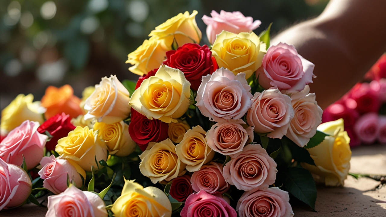 People exchanging colorful rose bouquets in India on February 7, with red, pink, yellow, and white roses under soft sunlight.