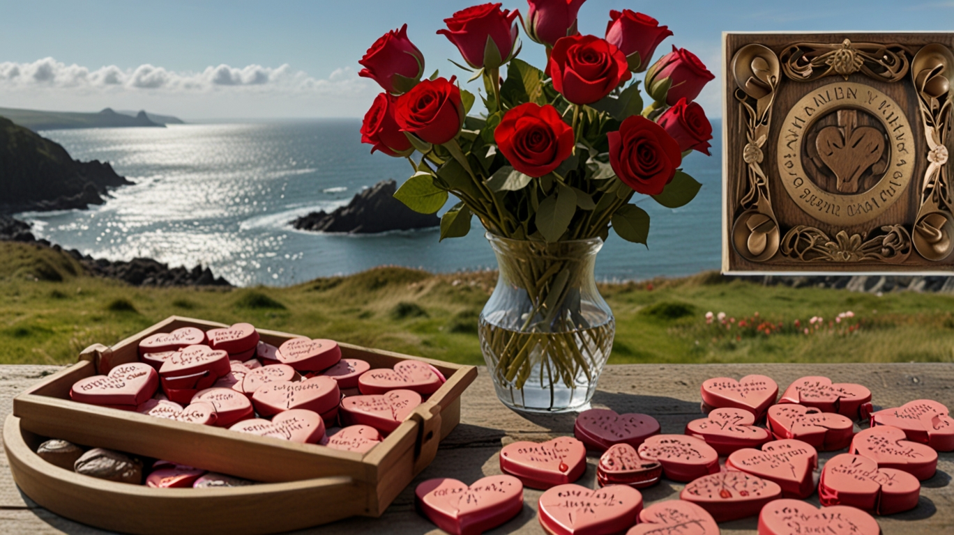 A split-scene image showing Valentine’s Day on one side with roses, chocolates, and sparkling gift boxes, and St. Dwynwen’s Day on the other side with carved lovespoons, handwritten notes, and the Welsh coastline.