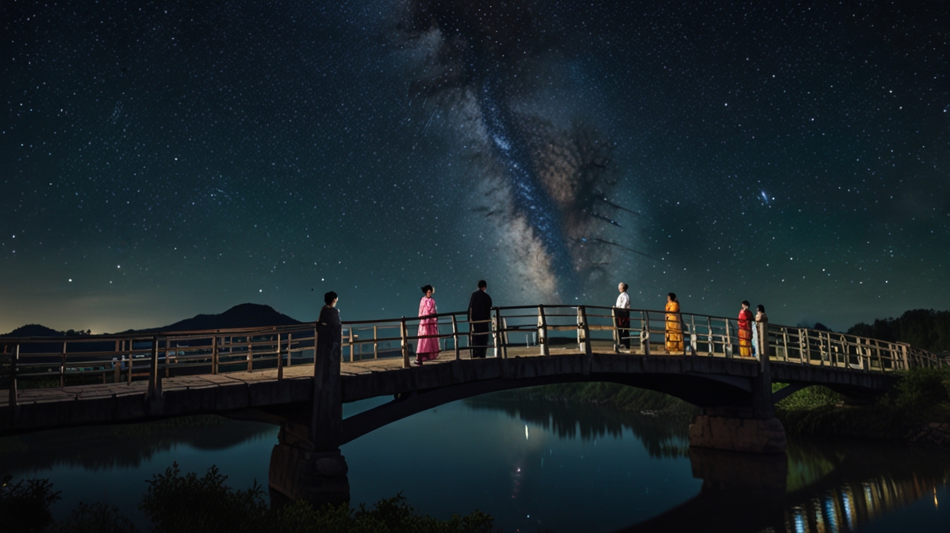 A starry night sky over China during Qixi Festival, with the Milky Way visible, highlighting Vega and Altair across from each other, families and couples in traditional clothing gazing at the sky, a symbolic magpie bridge forming between the stars.