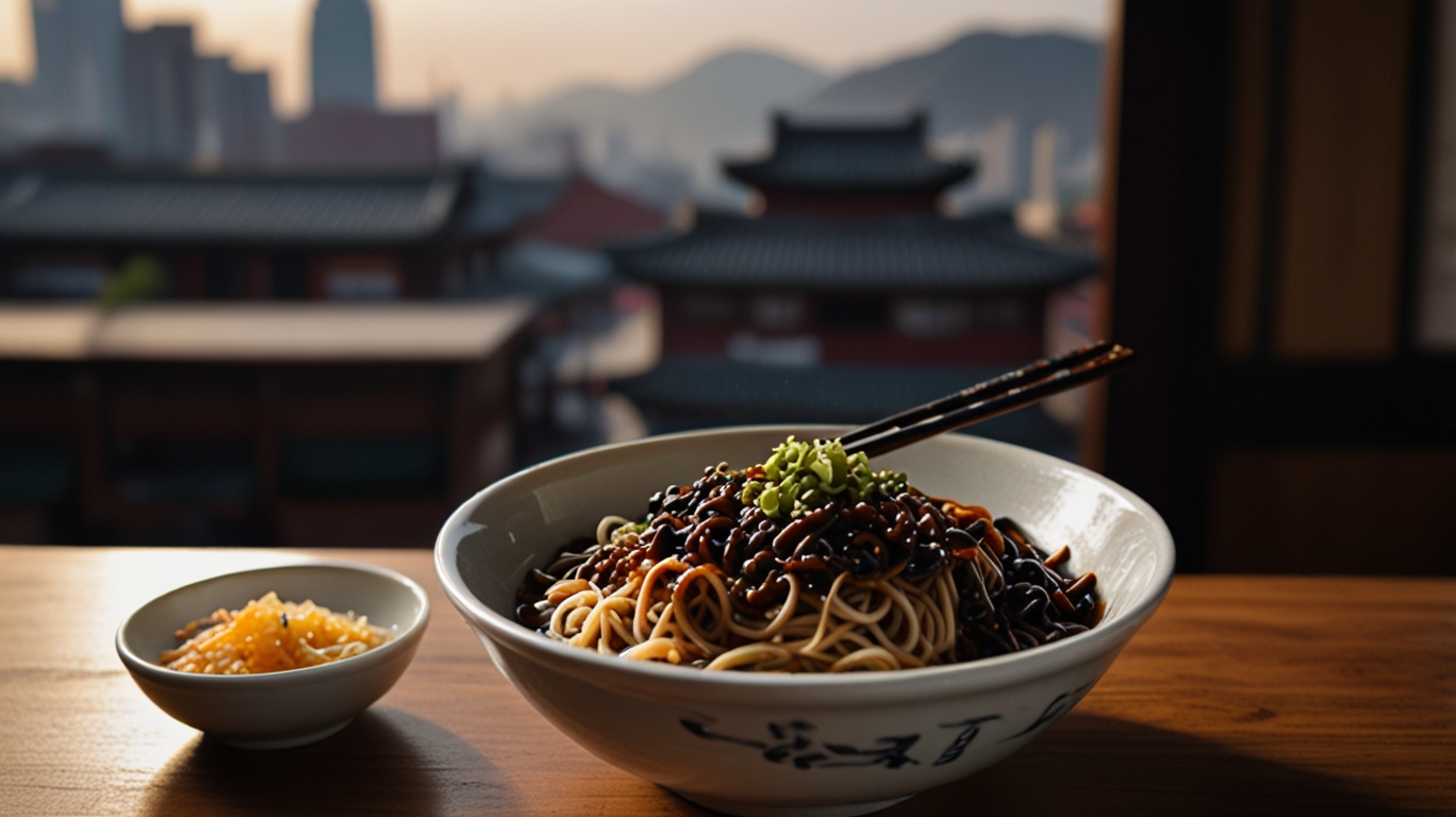 A steaming bowl of jajangmyeon with glossy black bean sauce on noodles, served on a wooden table with chopsticks in a dimly lit restaurant.