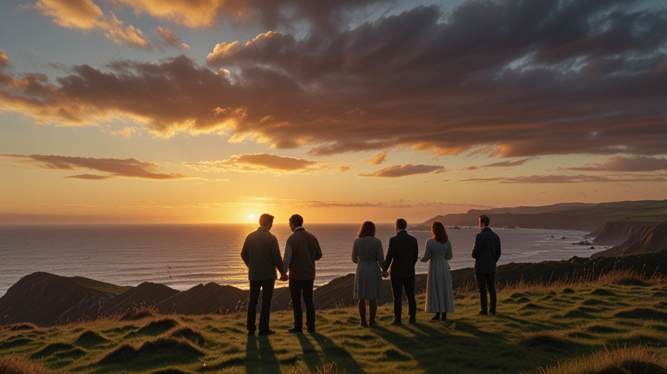 A sunset view of people gathered on a Welsh cliff overlooking the sea, some couples holding hands, others exchanging small wooden lovespoons, symbolizing unity, tradition, and love.