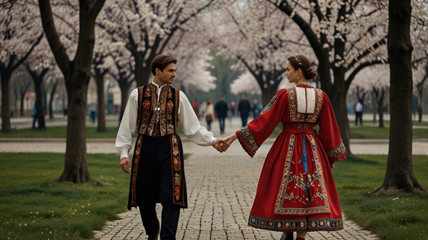 Traditional Romanian couple walking hand-in-hand with a modern couple in a city park with blossoming trees, symbolizing Dragobete across generations.