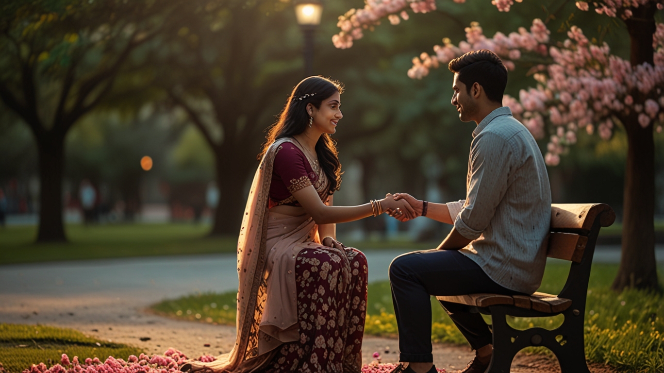 A thoughtful and emotional scene of a young Indian couple sitting on a park bench, the man holding the woman’s hand as he proposes, with warm lighting and a symbolic background of blooming flowers.