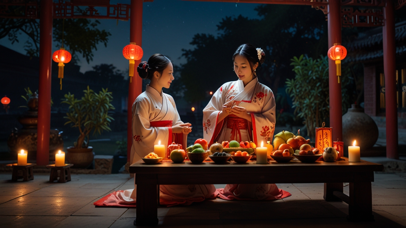 Traditional Chinese altar at night with offerings, women in Han clothing praying under the moon, and glowing candles and lanterns.