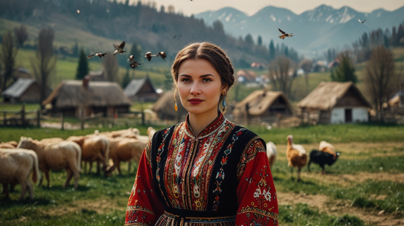 A traditional Romanian village in early spring, with people wearing folk costumes, birds flying in the background, and symbolic elements of love and fertility in a pastoral landscape.