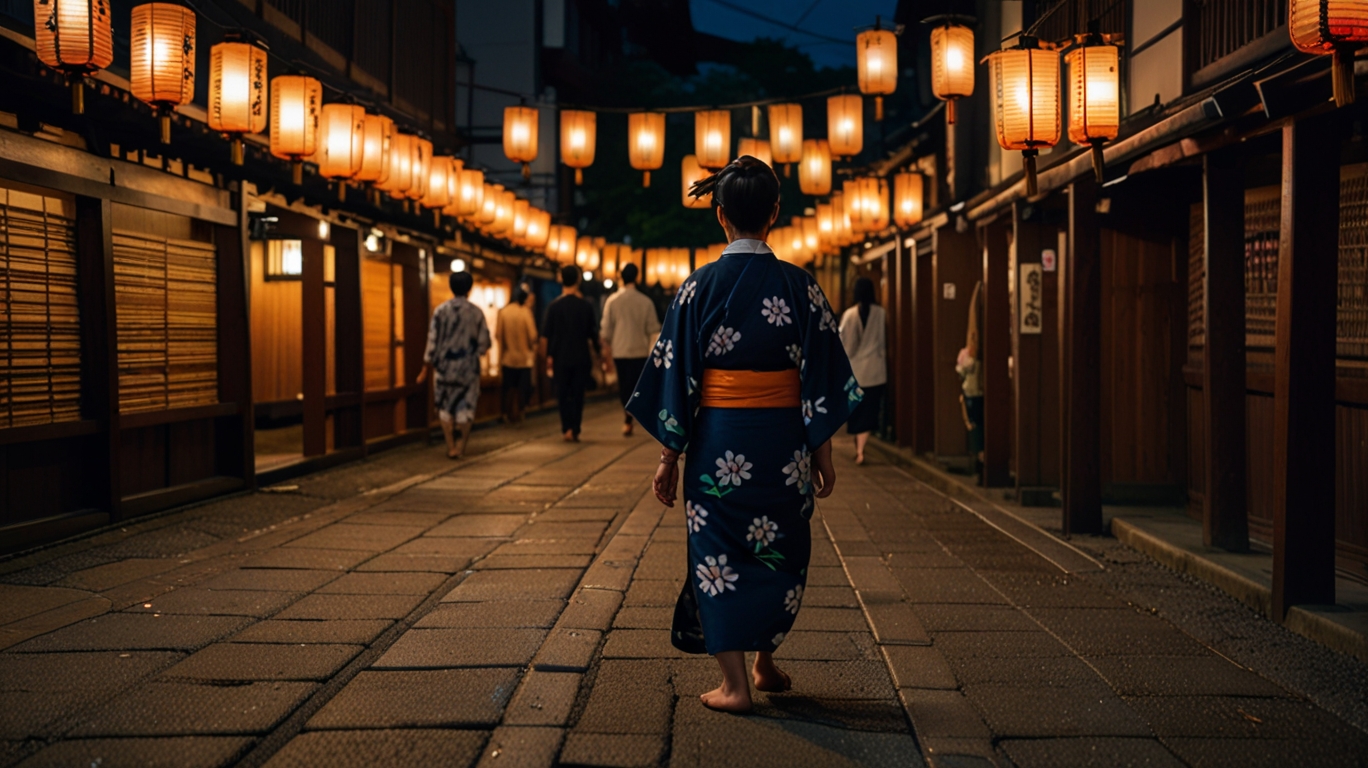 A wide street view of Kyoto during Gion Matsuri at night, with glowing lanterns, towering wooden floats (yamahoko), and couples in yukata and kimono walking hand-in-hand.