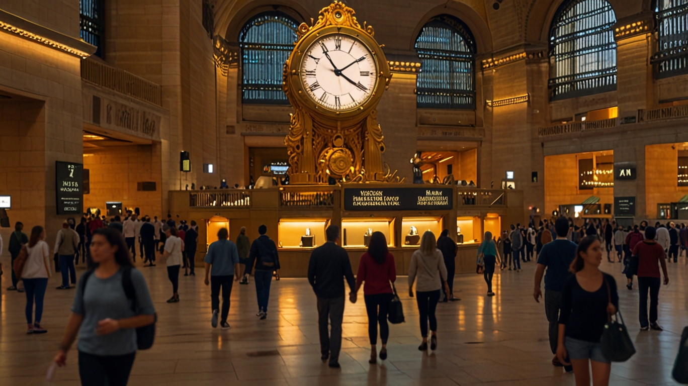 Grand Central Terminal’s Main Concourse crowded with travelers, golden clock glowing at the center, with couples embracing in the crowd.