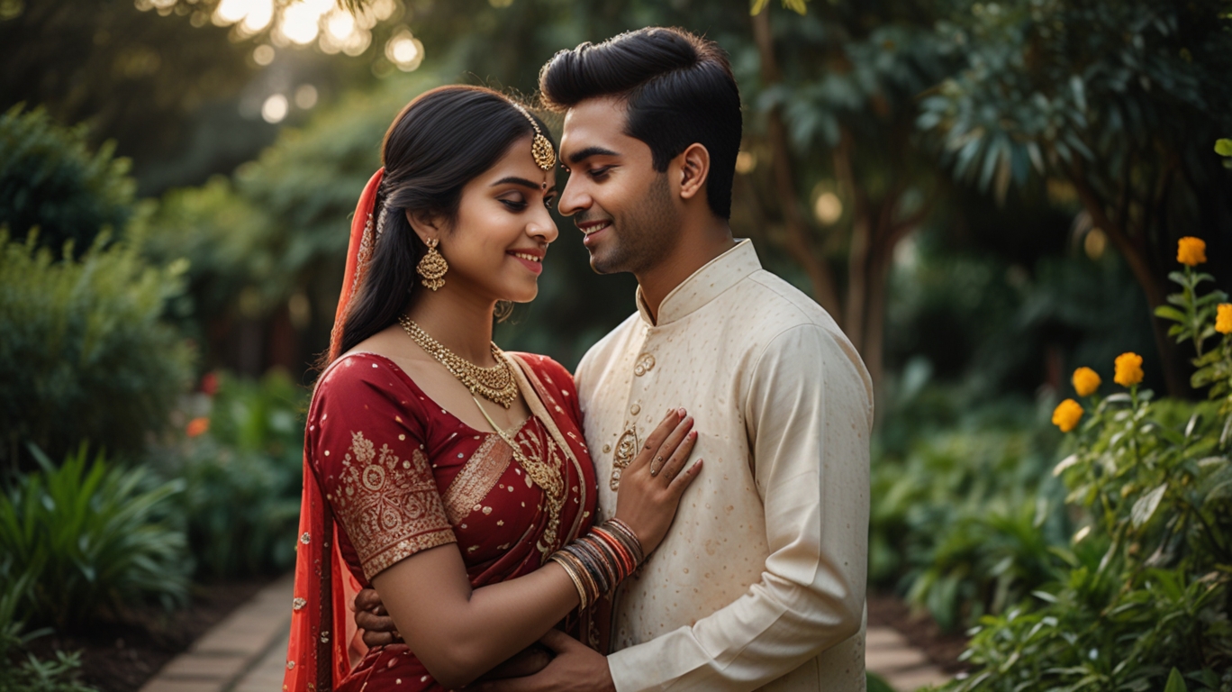 Young Indian couple in traditional clothing hugging gently in a garden, showing love and tenderness.