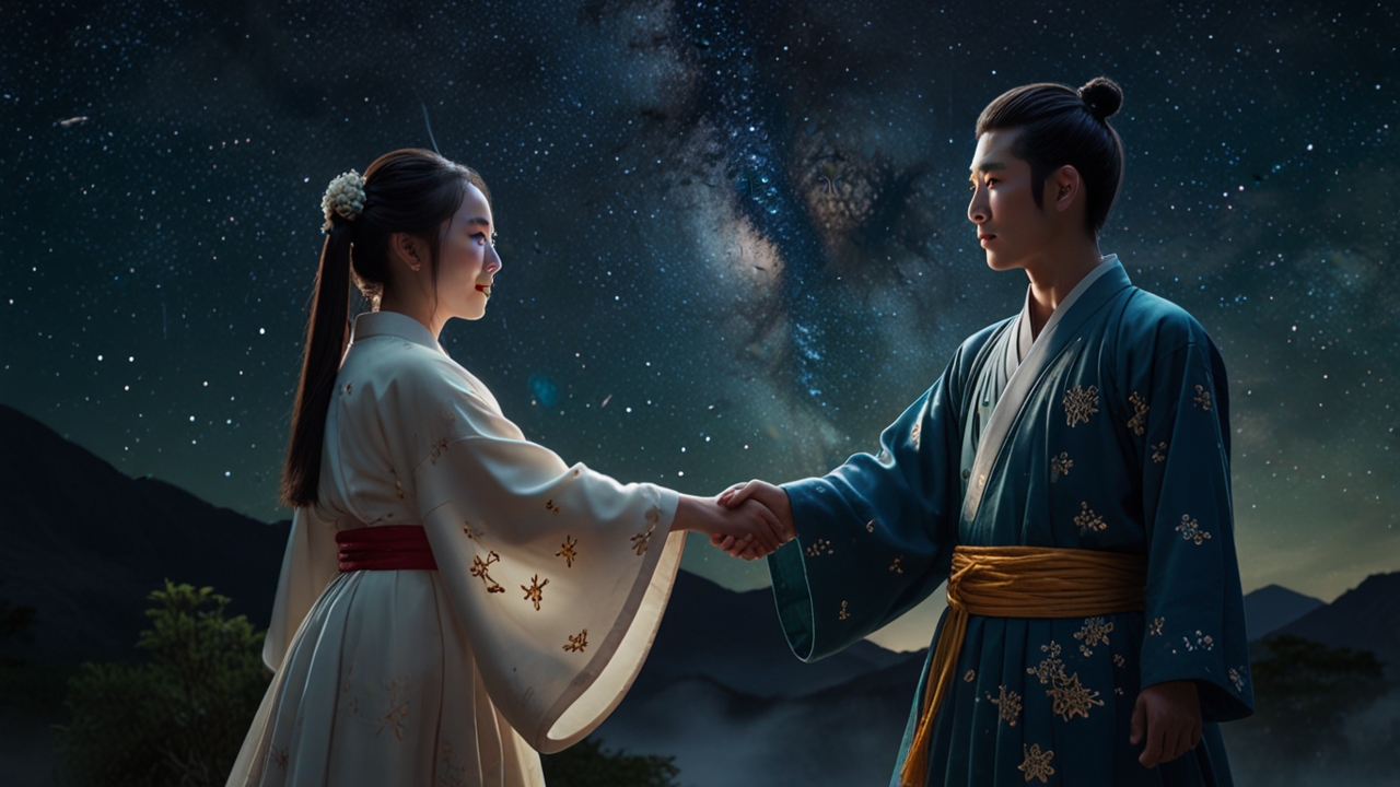 Zhinü and Niulang in traditional Hanfu reaching for each other across the Milky Way under glowing stars.