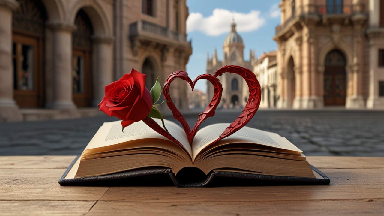 Heart-shaped book and rose with Catalan architecture and dragon in the background.