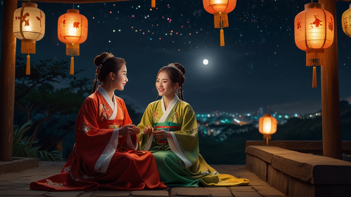 Chinese young women in traditional Hanfu clothing sitting outdoors at night under a bright moon, skillfully threading needles with colorful threads and embroidering fabric, surrounded by lanterns and a festive atmosphere, delicate and historical style.