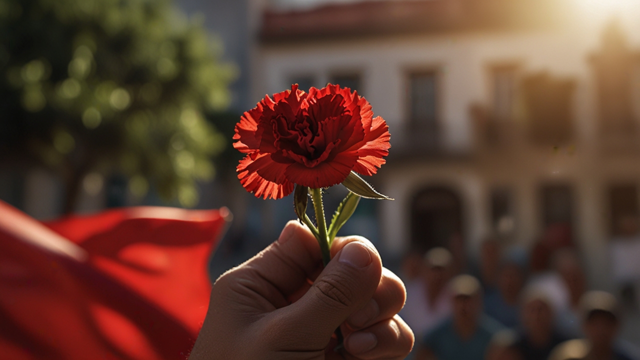 Red carnation held in hand with blurred Portuguese flag in background.