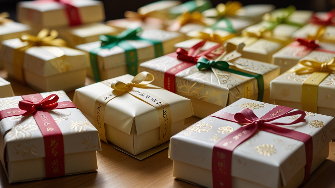 Elegant white chocolate gift boxes with ribbons on display in a Japanese shop.
