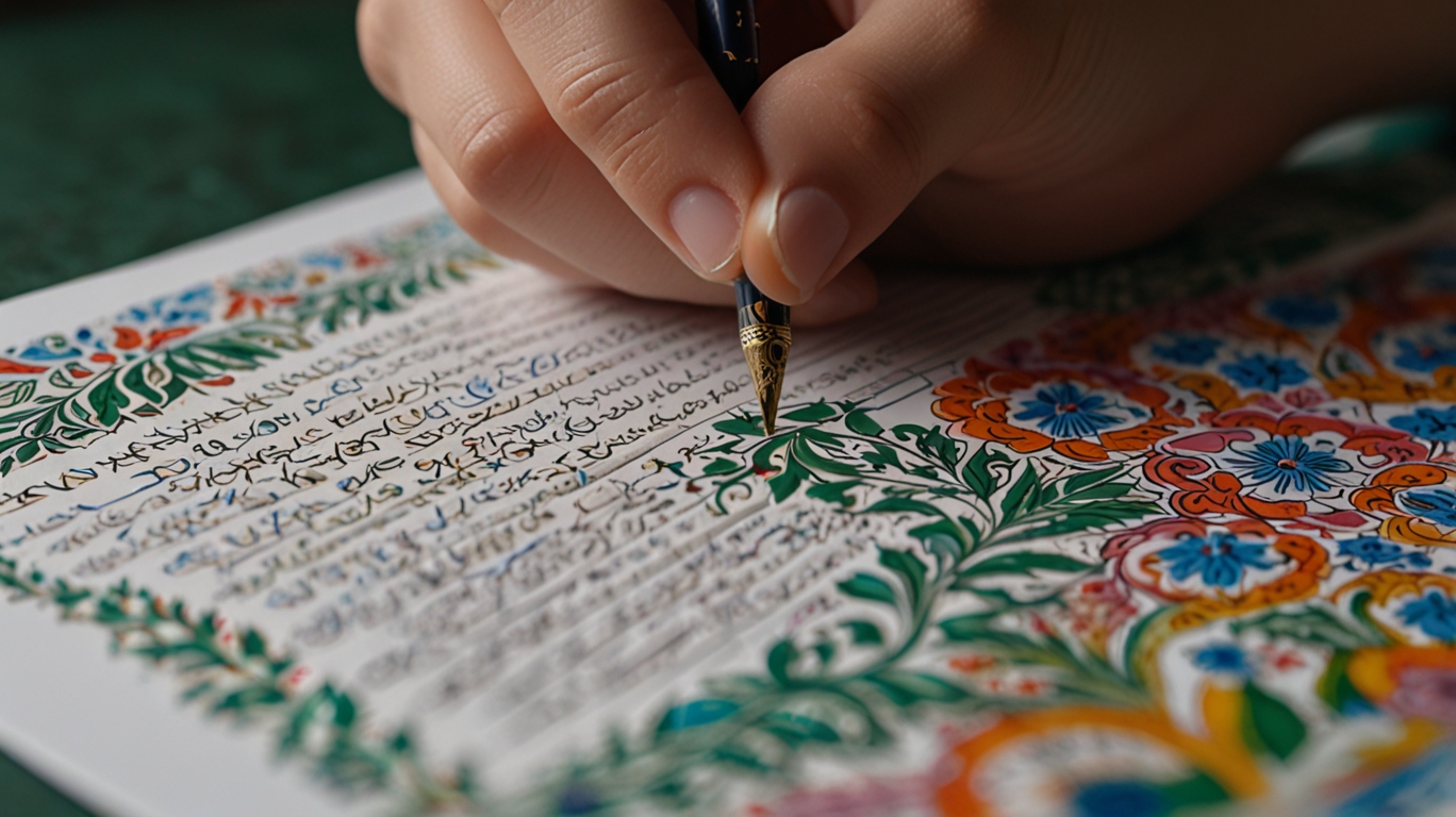 Hands making a Gaekkebrev letter with colorful paper, a riddle written in fountain pen, and a snowdrop flower.