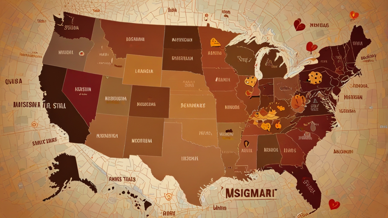 Map of the United States highlighting Midwest states (Ohio, Michigan, Illinois) in warm tones, with candy icons placed on them. Background features fall foliage and soft hearts.