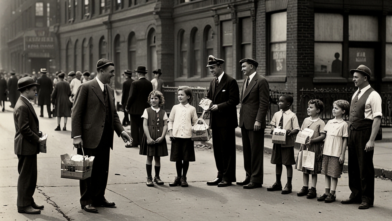 Vintage 1920s black-and-white photograph of men handing out candy boxes to orphans and elderly in a city street; historical clothing, downtown Cleveland backdrop.