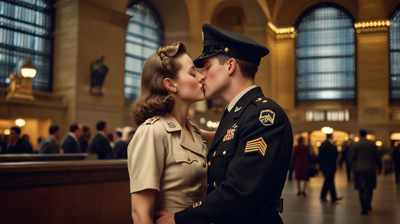 Couple kissing in Grand Central Terminal, capturing a timeless romantic moment.