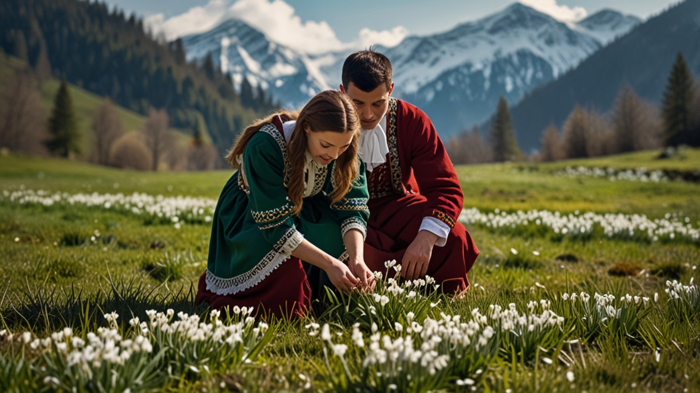 Young Romanian men and women in traditional costumes picking snowdrops in a sunny meadow with forest and mountains behind.