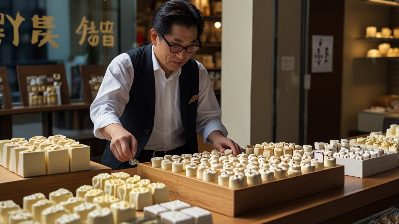 A Japanese man buying a box of elegant white chocolates and small jewelry items at a shop decorated for White Day.