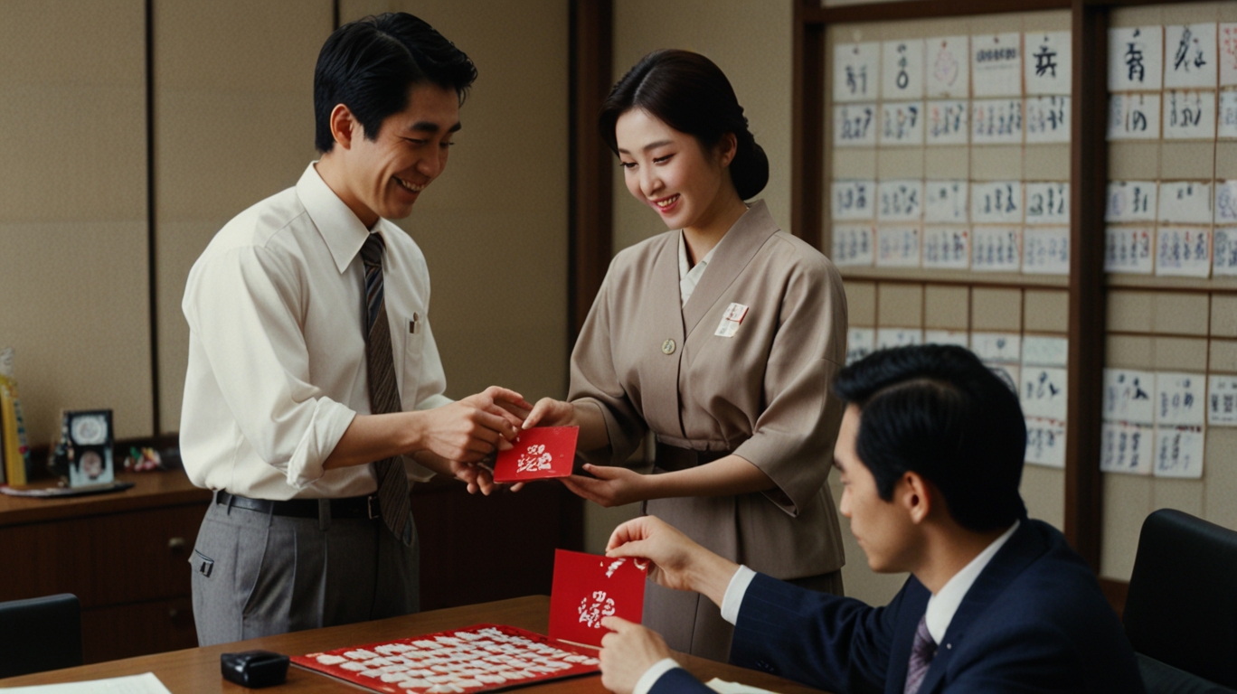 A Japanese office scene where women are handing out chocolates to male coworkers, with a calendar showing February 14 and March 14 marked.