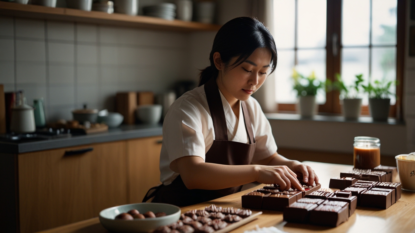 A Japanese woman carefully making handmade chocolates in her kitchen, with neatly wrapped gift boxes on the counter.