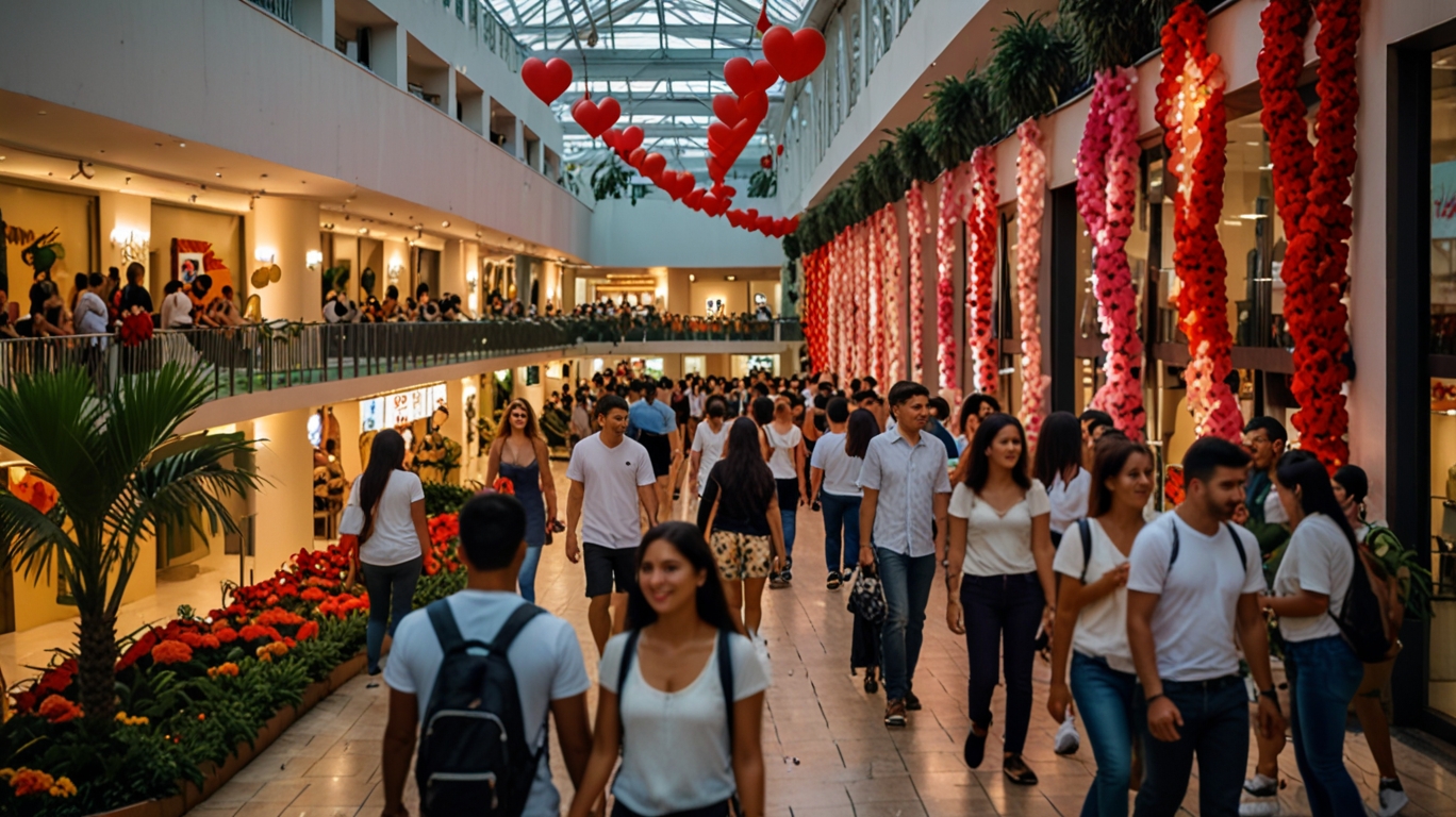 A bustling Brazilian shopping mall decorated for Dia dos Namorados with heart-shaped lights, flower displays, and couples taking photos together.