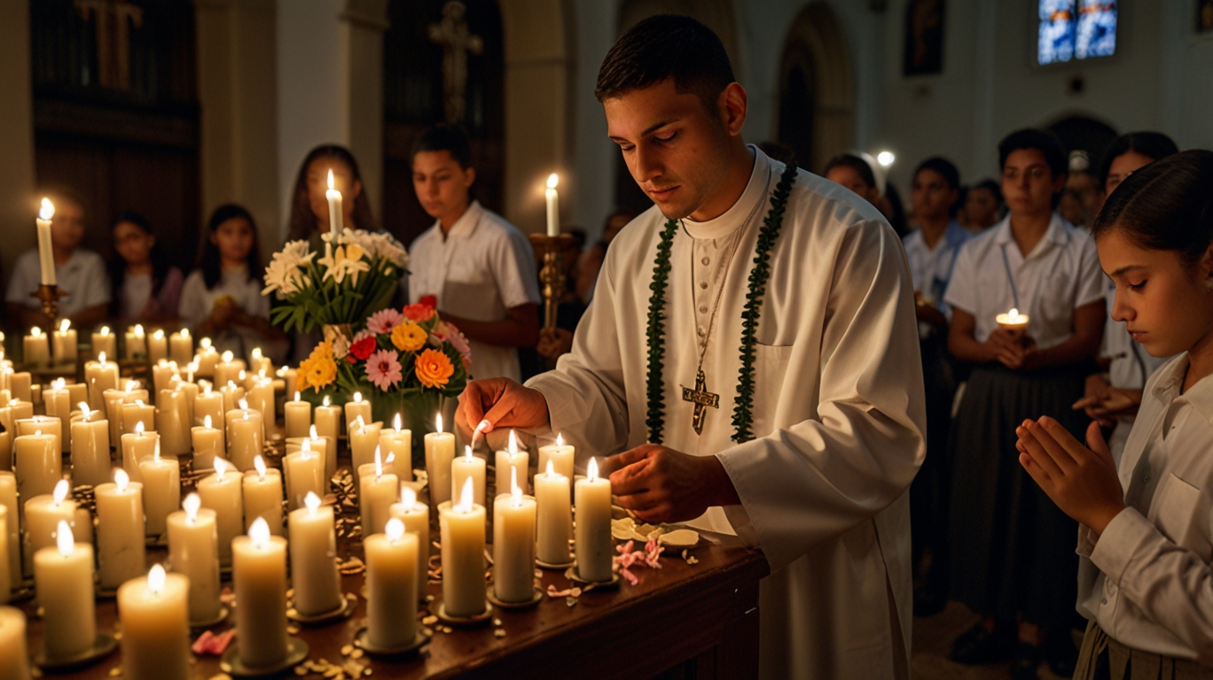 A candlelit Brazilian church decorated for Saint Anthony’s Day, with people praying, lighting candles, and holding flowers.